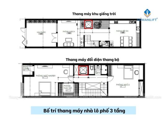 bố trí thang máy nhà lô phố 3 tầng
