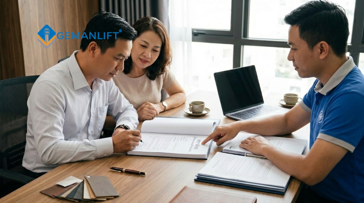 Gia chủ đọc kỹ các điều khoản chi phí trước khi ký hợp đồng lắp đặt thang máy