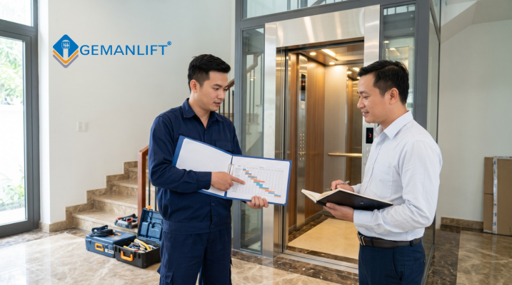 Kỹ thuật viên Gemanlift nghiệm thu tiến độ thi công và bàn giao thang máy gia đình